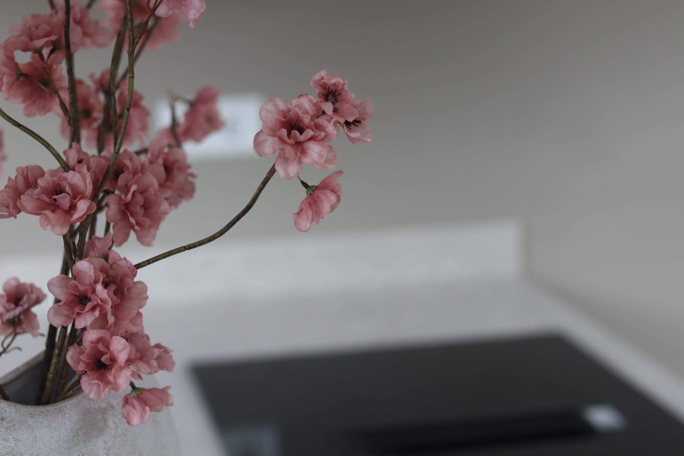 Roze bloesemtak tegen een licht keukenblad